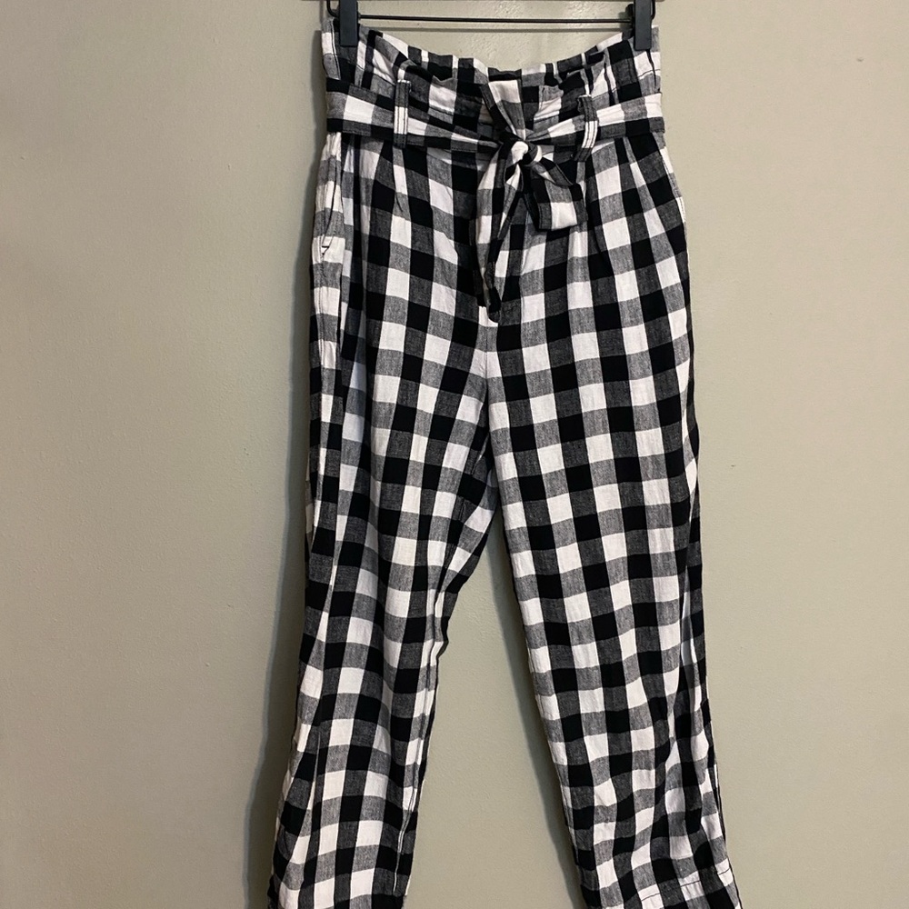 Madewell Black and White Checkered Gingham Straight Leg Tie Waist Paperbag Pants - Picture 3 of 5